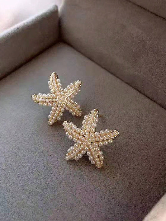 Beach style starfish faux pearl stud earrings