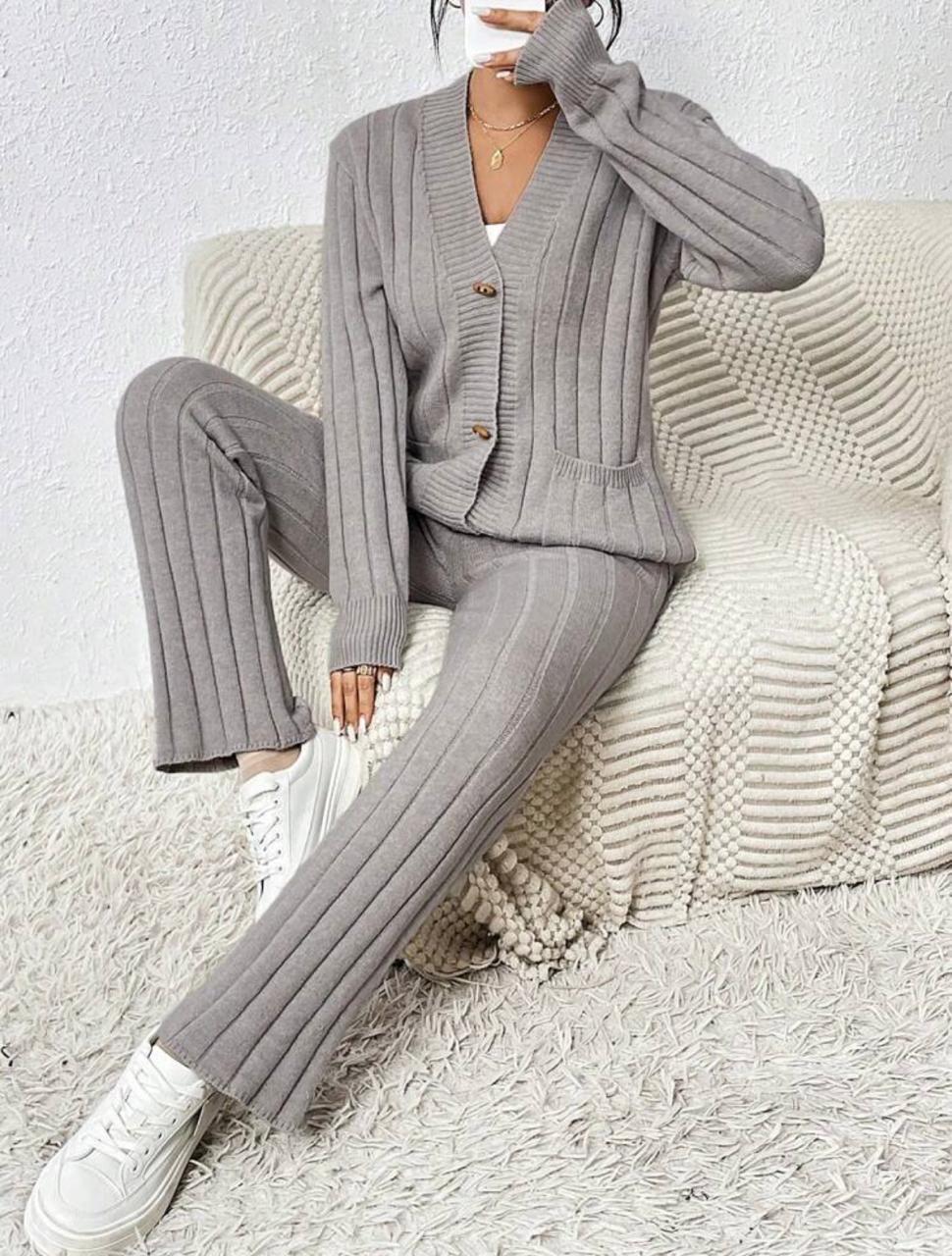 2pcs set Ribbed Solid Knitted Sweater Cardigan Set