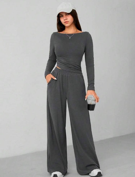 2pcs Set: Teen Girls Boat Neck Long Sleeve Asymmetrical Hem Pleated Top & Pocket Embellished Pants