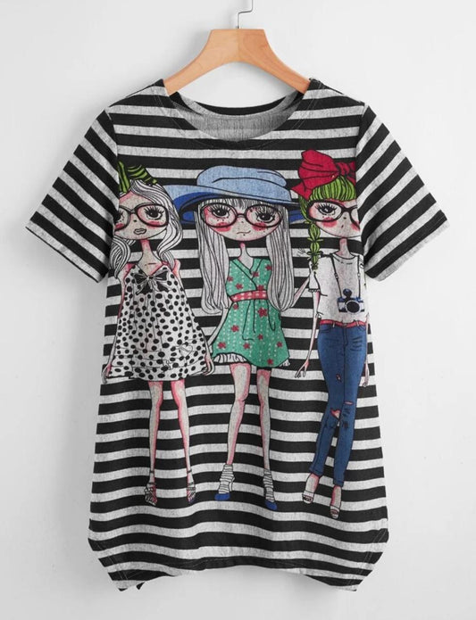 Striped And Cartoon Figure Print Tee