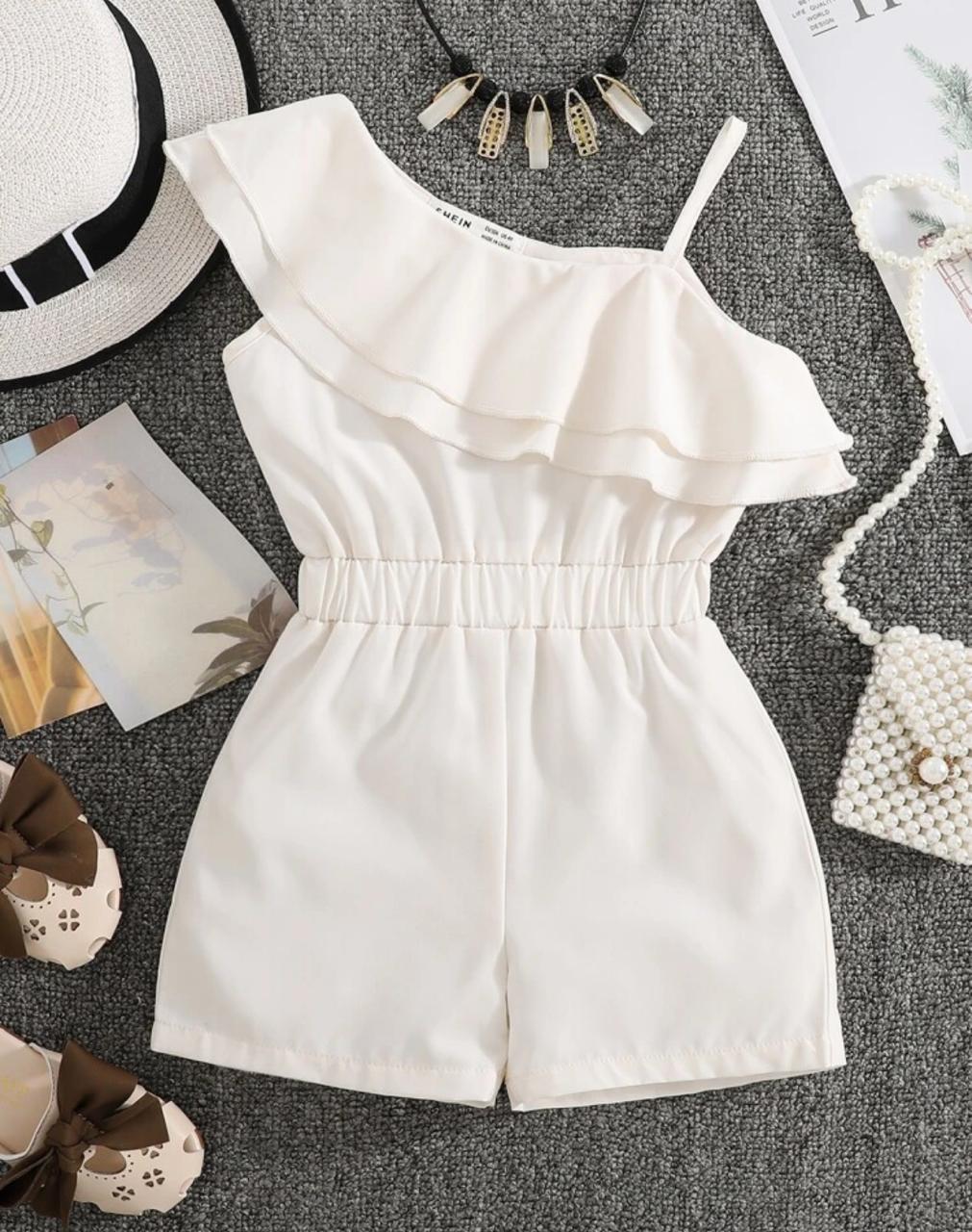 Young Girl Ruffle Trim Asymmetrical Neck Romper