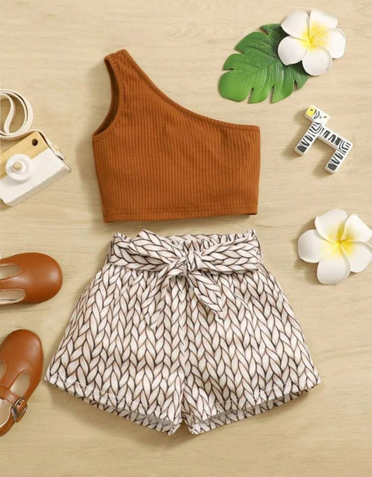 Baby Girl One Shoulder Top & Twist Rope Print Shorts