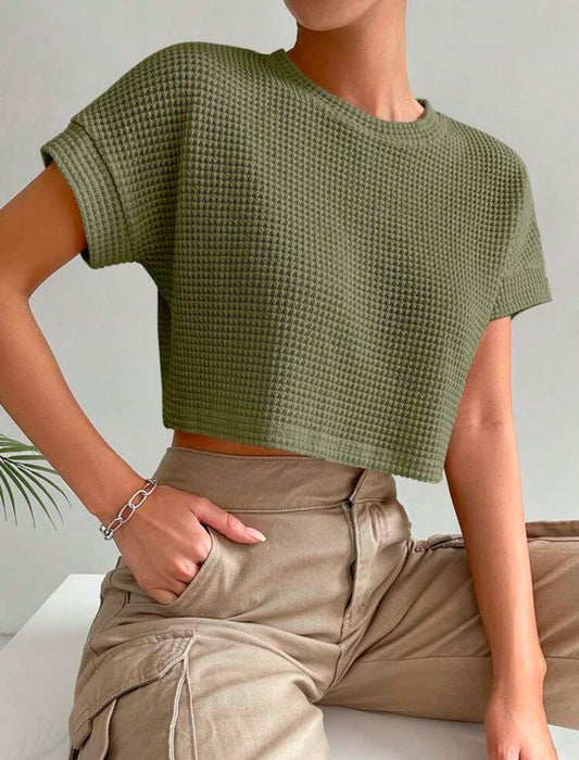 Solid Waffle Knit Crop Tee