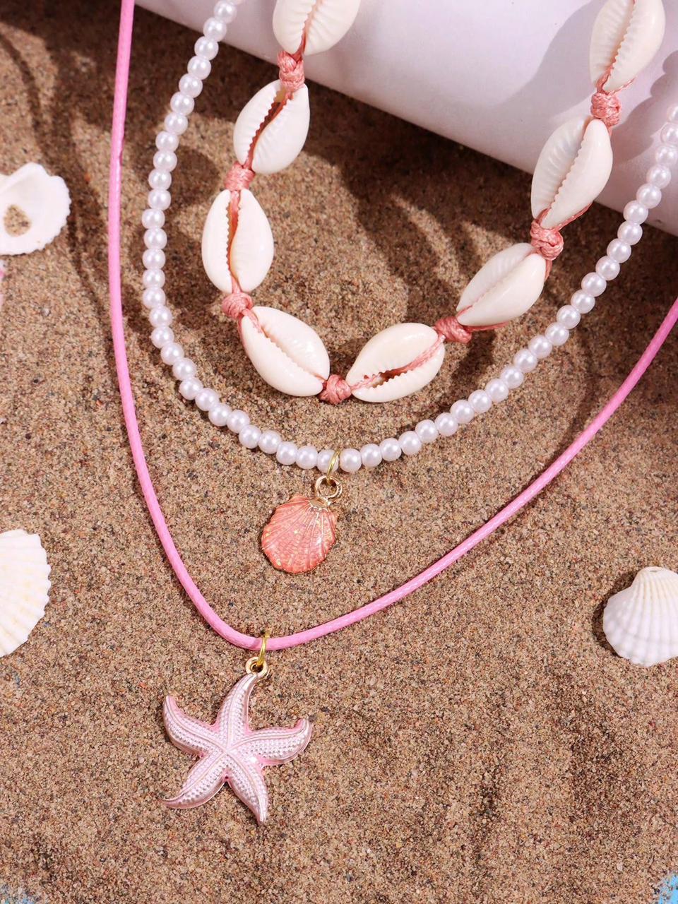 3pcs Pink Starfish & Shell Pendant Beaded Necklace