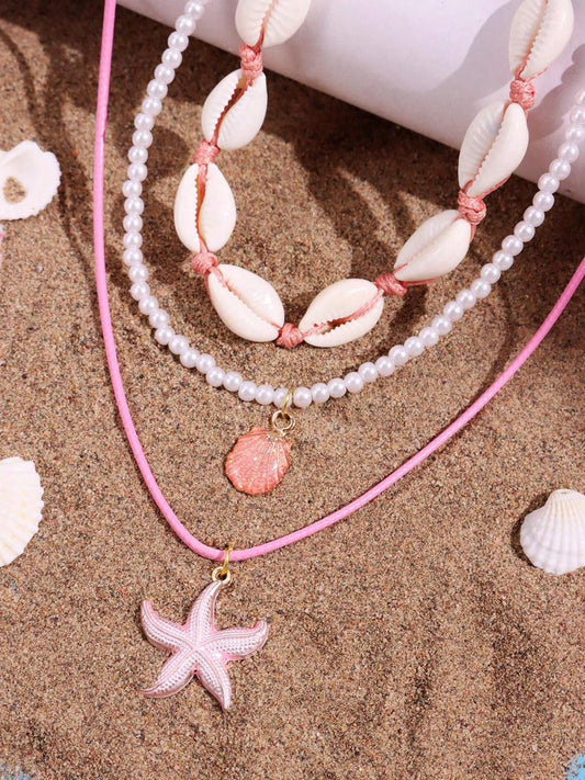 3pcs Pink Starfish & Shell Pendant Beaded Necklace